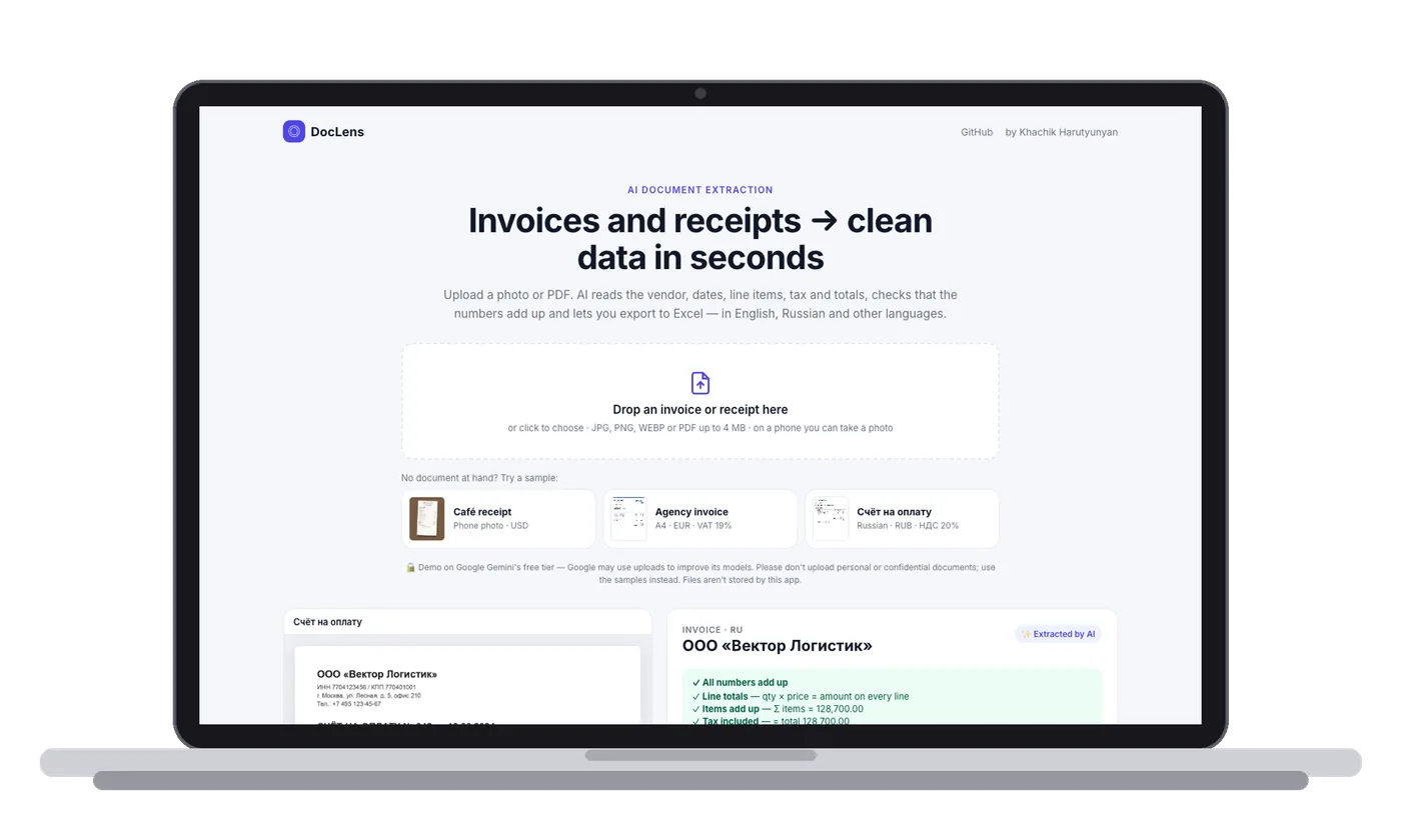DocLens — AI extractor for invoices & receipts — photo or PDF to data