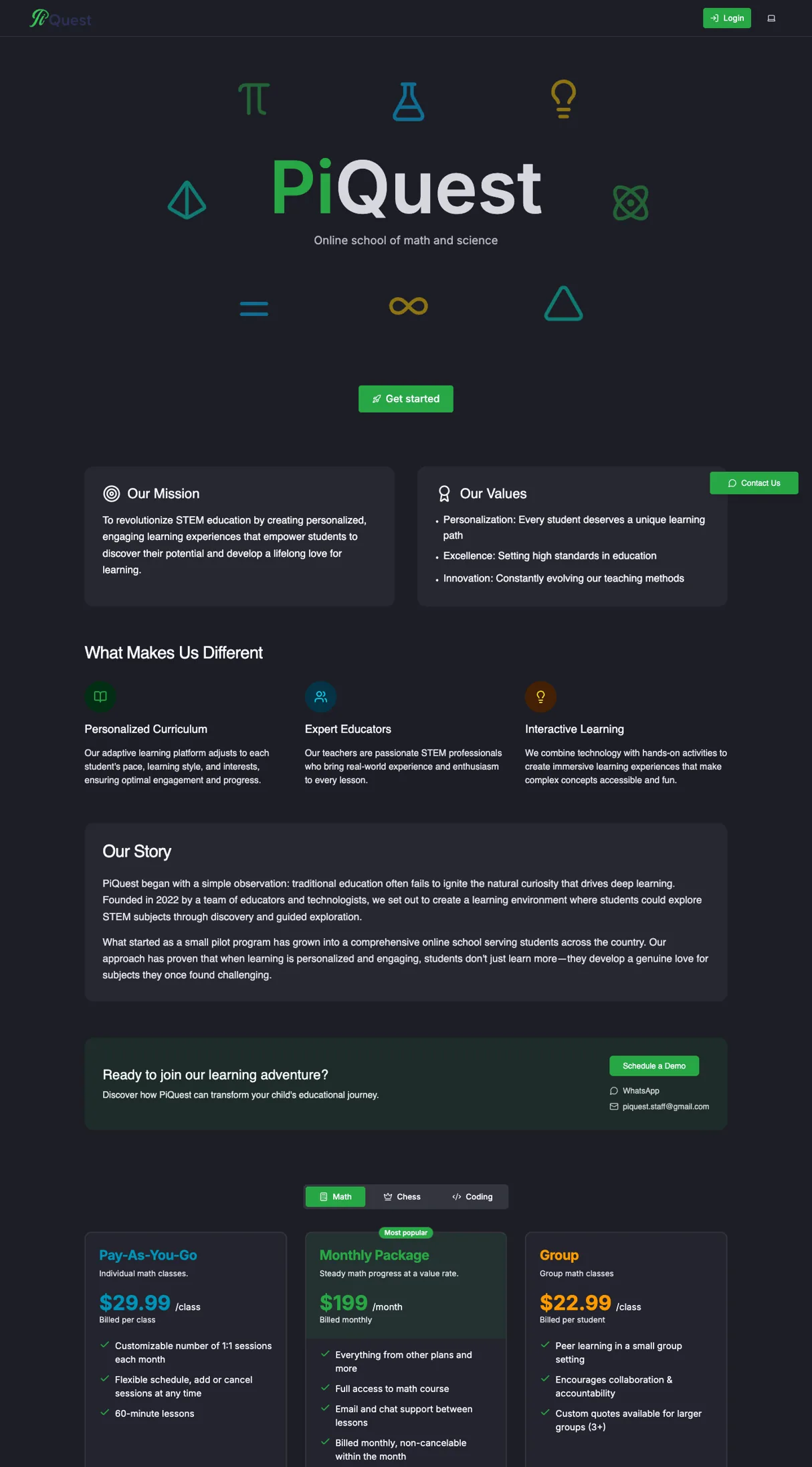 PiQuest — Learning platform for an online math & science school