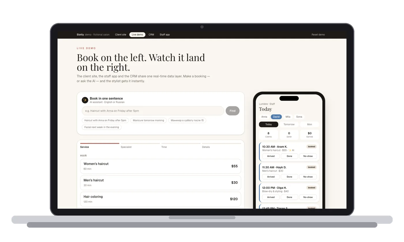Slotly — Booking & CRM for beauty salons, with an AI assistant